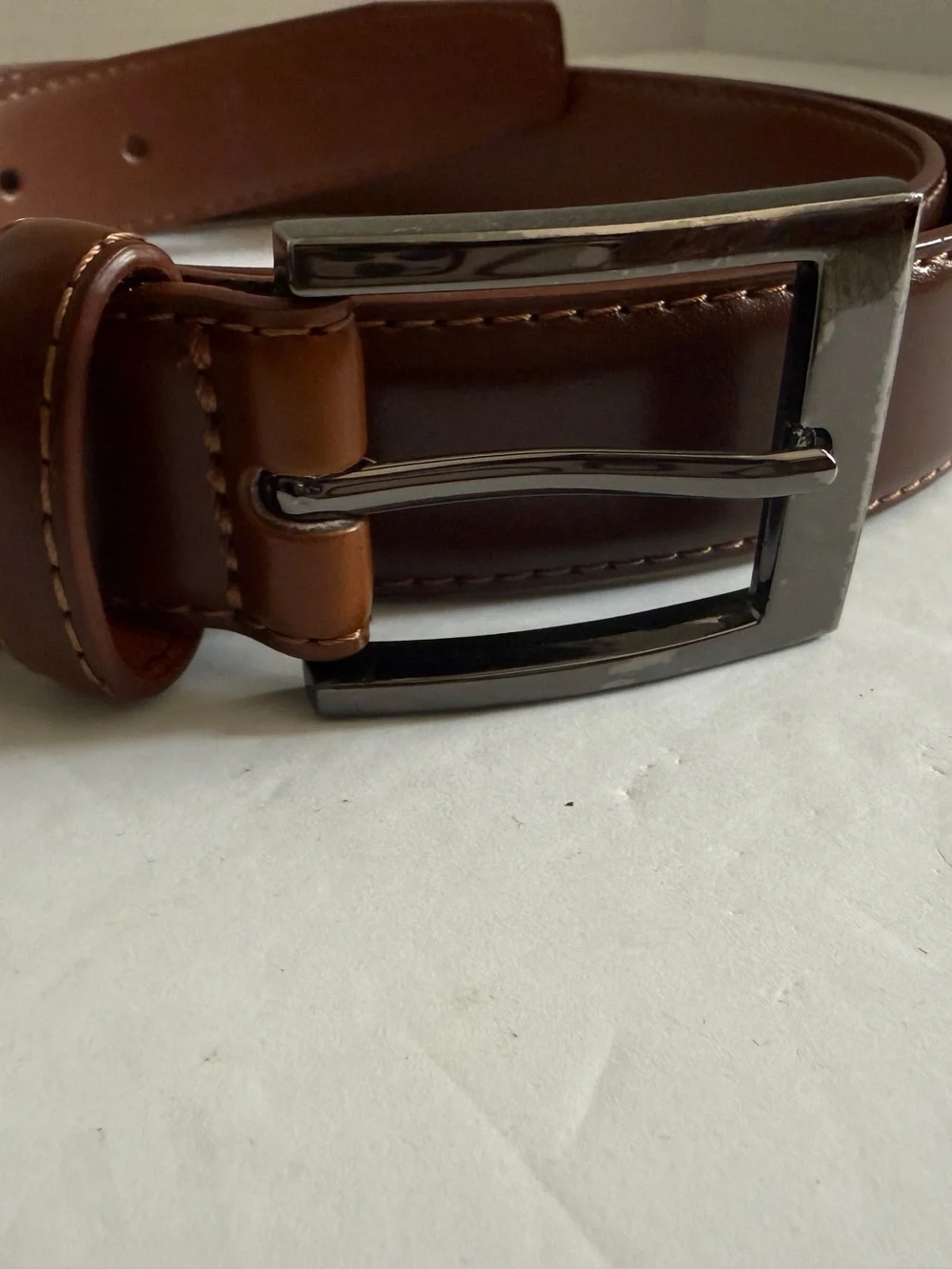 Men's Tan Real Leather Dress Belt with Brushed Metal Buckle XL 44
